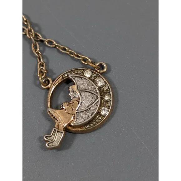 Vintage 1970s 1928 Morton Salt Girl Umbrella Gold Tone Necklace with Crystals - Picture 9 of 11